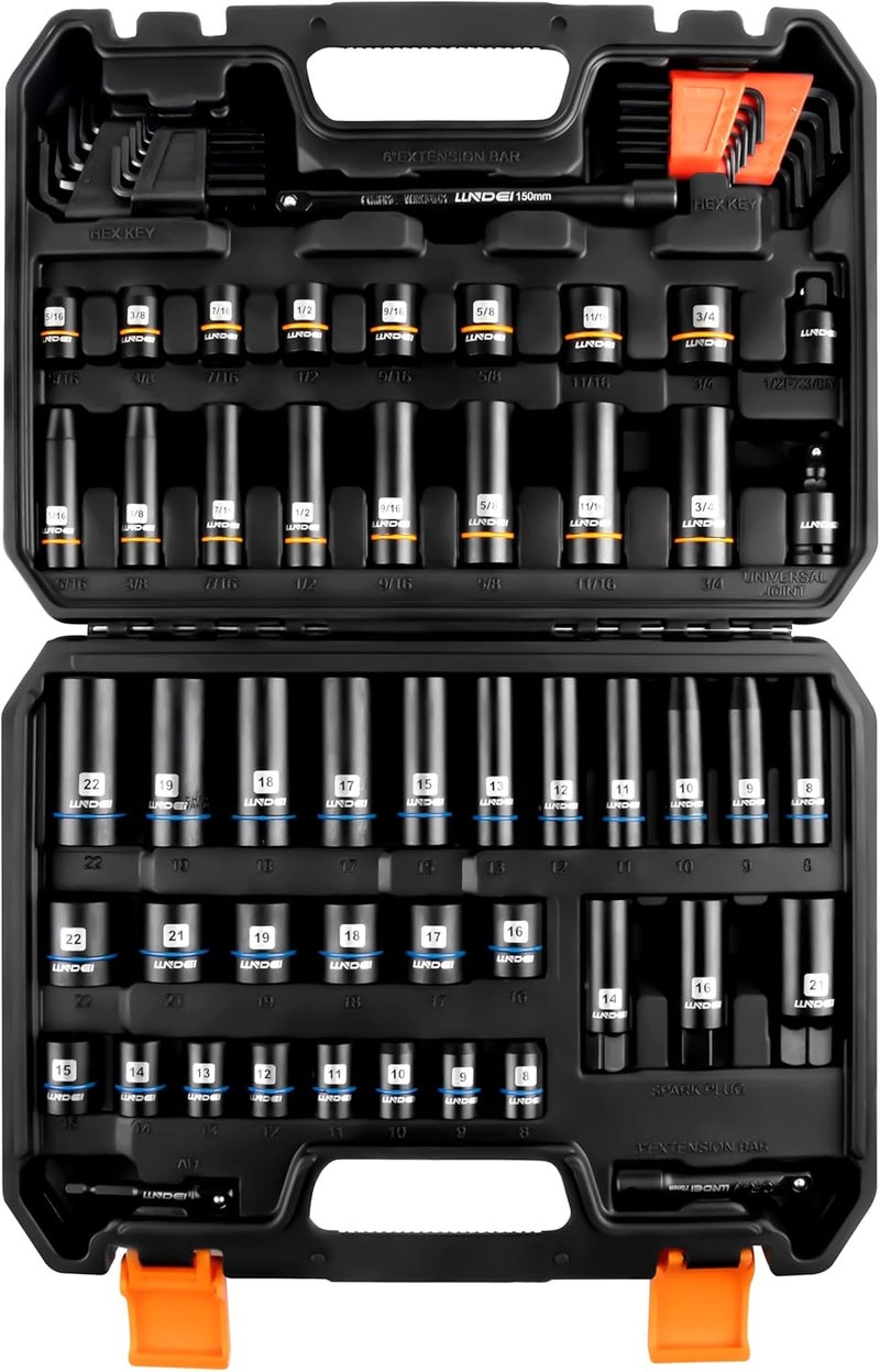 LLNDEI 3/8 inch Drive 12 Point Socket Set 71 Piece,SAE(5/16-3/4in) and Metric(8-22mm),Deep & Shallow,CR-V.With Drill Socket Adapter & Extension Bar 3/8 in,Hex Key Set 12Pt Can Also be Used on 6pt - Image 1